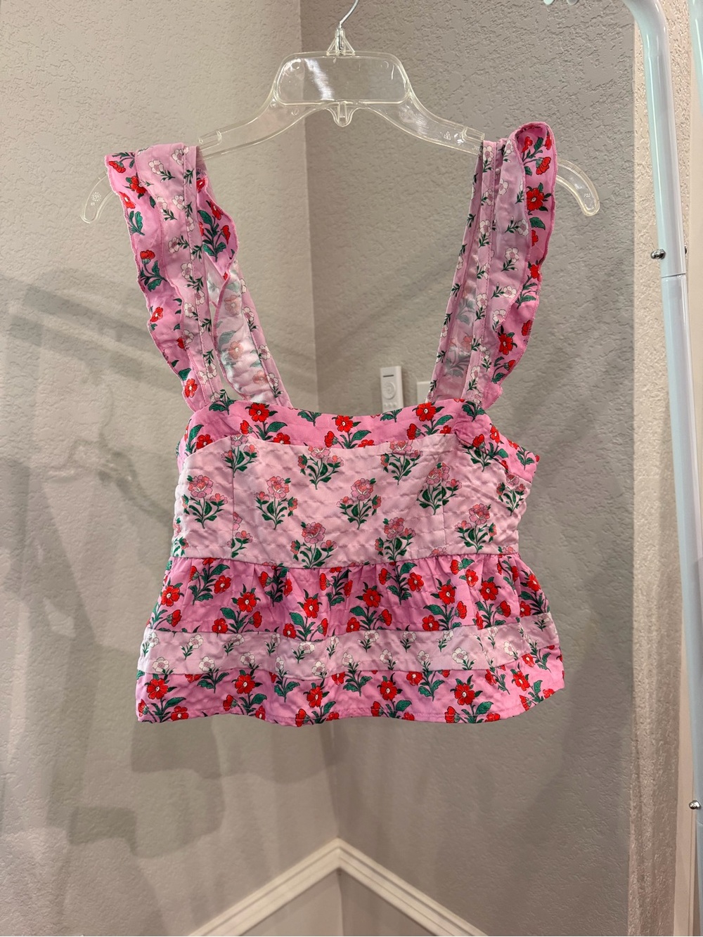 Altar'd State Pink Floral Ruffle Strap Crop Top